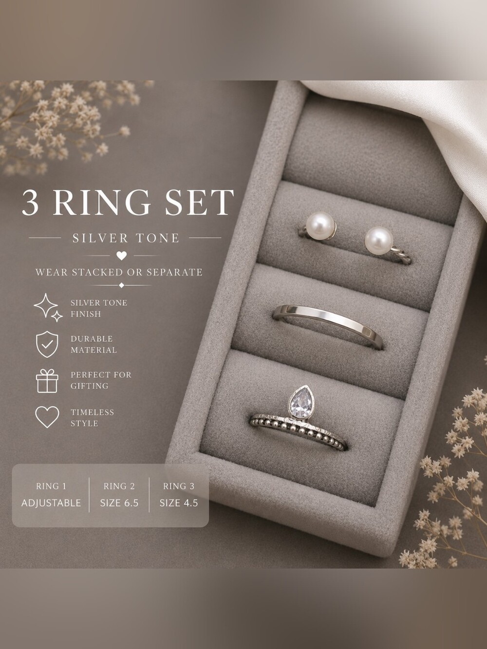 Silver Tone 3-Piece Women’s Ring Set with Pearl and Teardrop Stone